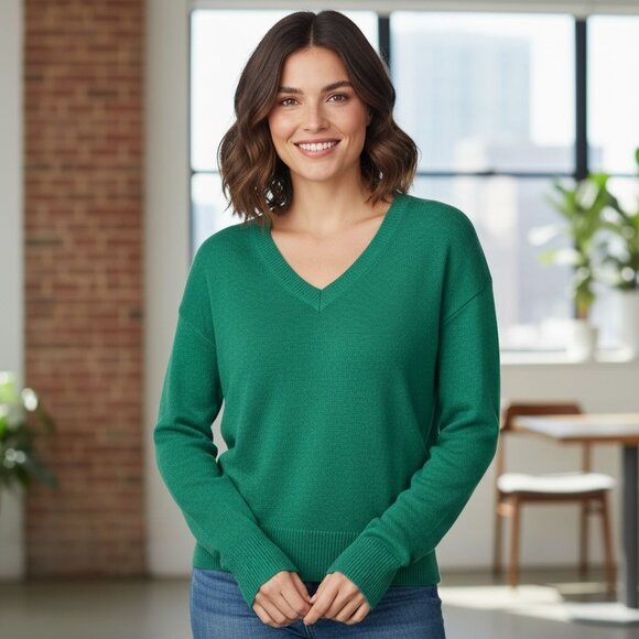 NEW Old Navy  Womens L Green V-Neck Sweater Cotton Bleand Long sleeve Pullover - Picture 1 of 8